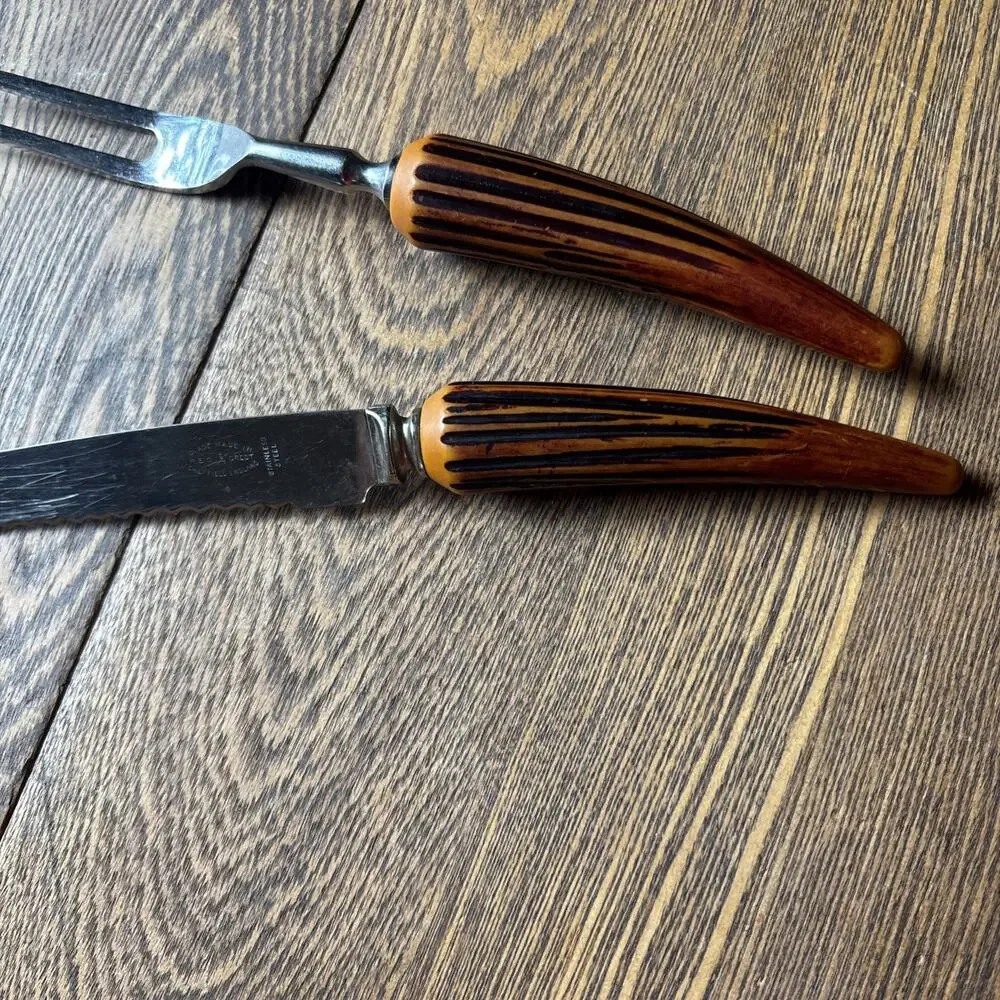SHEFFIELD England Faux Antler Horn STAINLESS STEEL CARVING FORK KNIFE Vintage